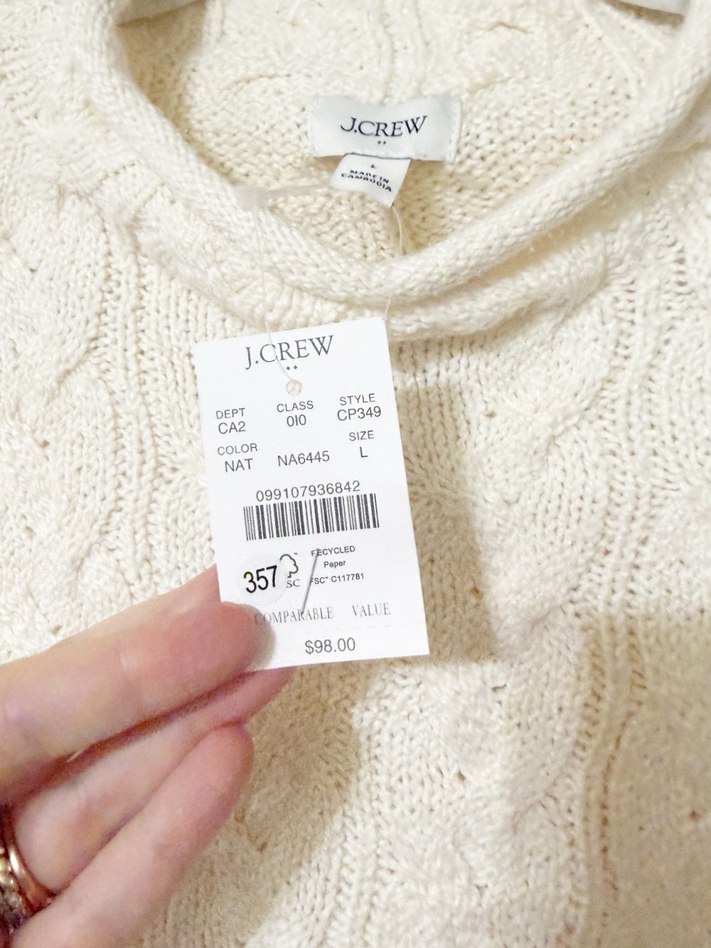 JCrew Cable Knit Mock Roll Neck Sweater in Natural Cream Size Large NEW CP349 - Picture 4 of 6